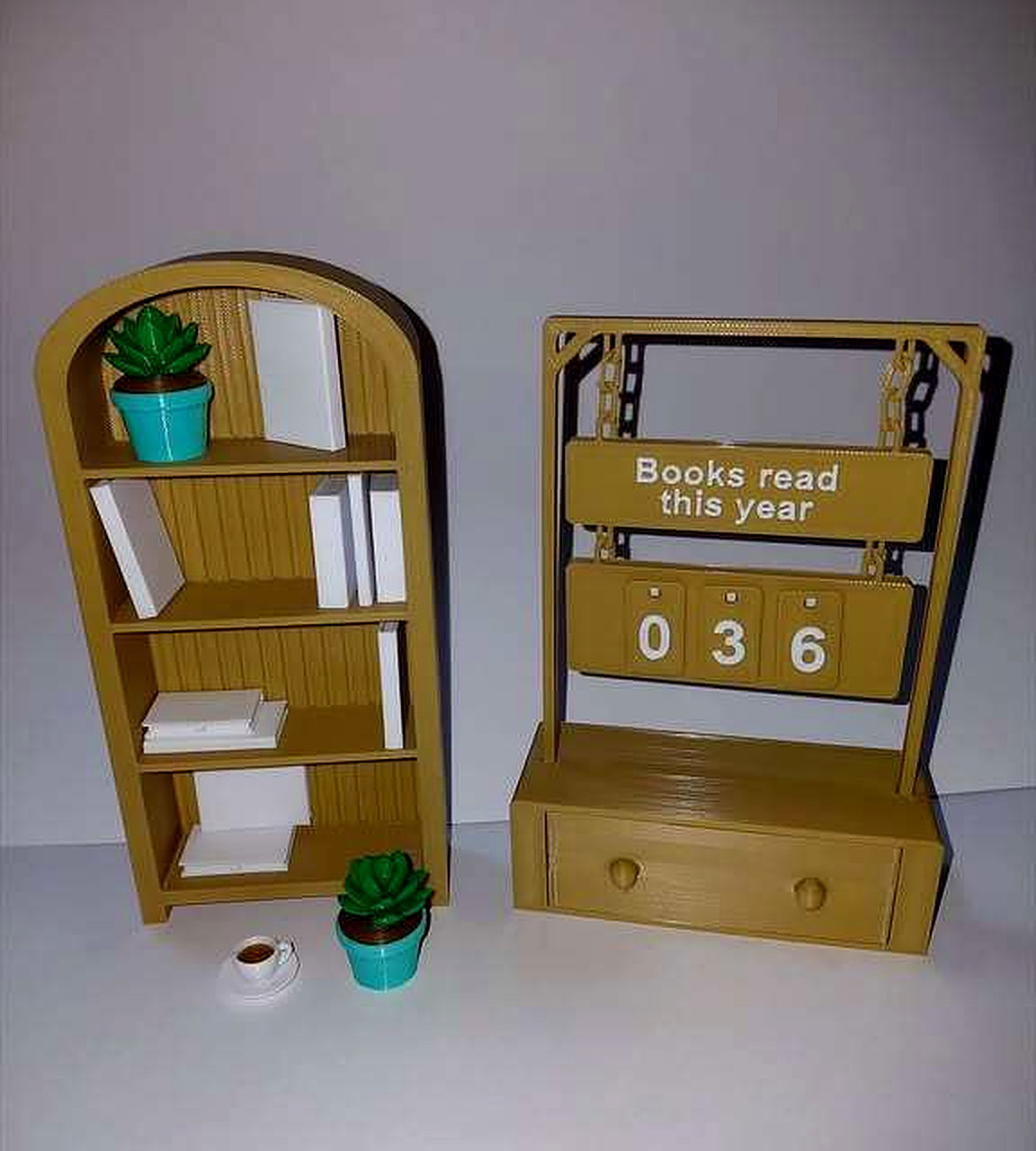 Biblioteca en miniatura y contador de libros leídos, impresos en 3D